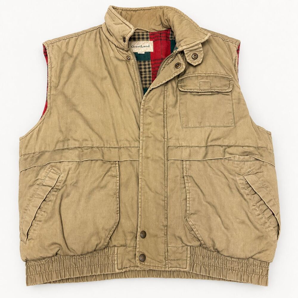 GreatLand Plaid Lined Utility Vest L Khaki Cotton Snap Zip Workwear